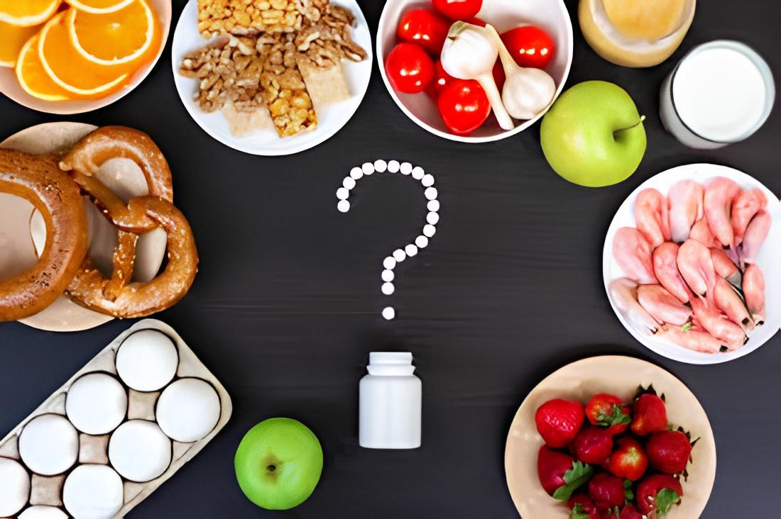 Healthy allergen-free alternatives including gluten-free grains, plant-based milk, and substitute ingredients